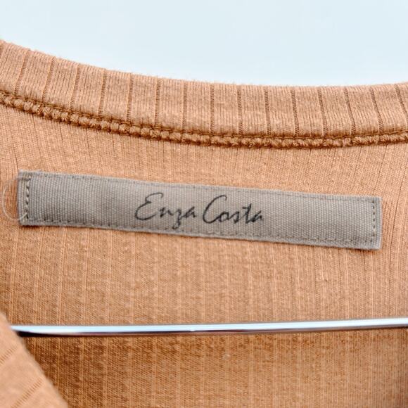 Enza Costa Tencel Cashmere Ribbed Midi Long Sleeve Camel Dress XS Crewneck - Picture 5 of 8